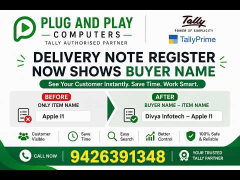 Buyer Name (Ledger Name in Delivery Challan Register) , Delivery Challan Register with Buyer Name - Plug & Play Computers Tally tutorial